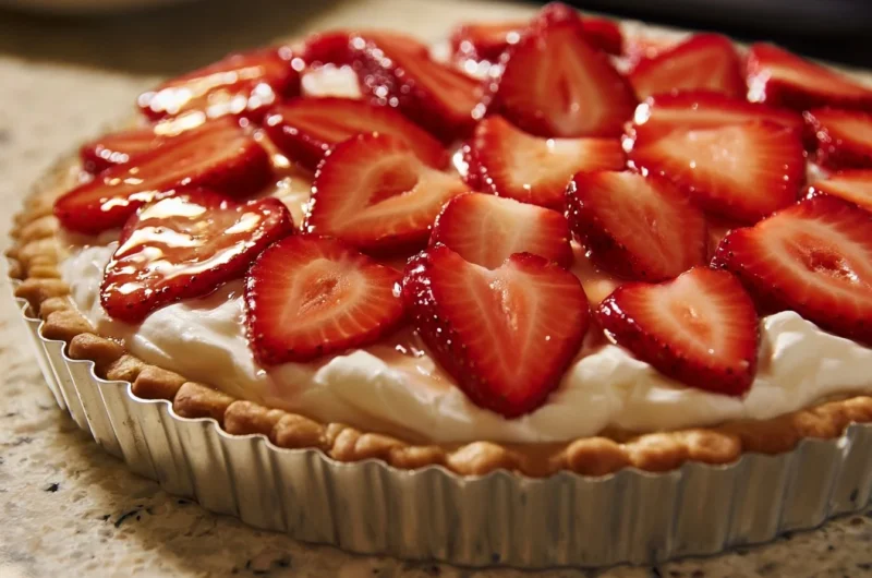Fresh French strawberry tart topped with ripe strawberries and creamy pastry cream
