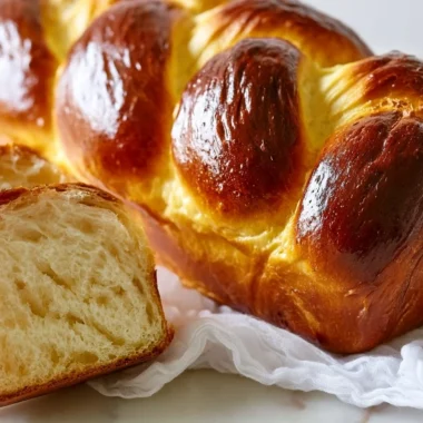 Freshly baked golden brioche bread loaf cooling on a kitchen counter