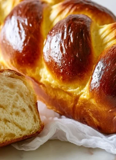 Freshly baked golden brioche bread loaf cooling on a kitchen counter