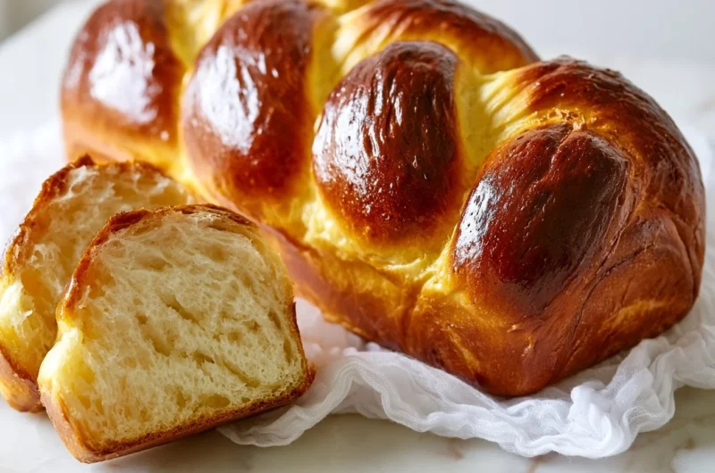 Freshly baked golden brioche bread loaf cooling on a kitchen counter