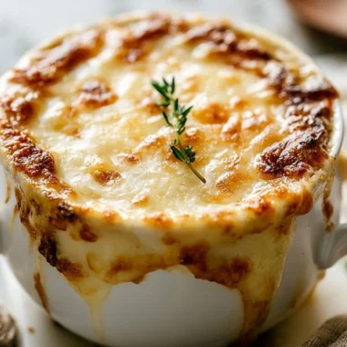 Bowls of golden French onion soup topped with melted cheese and croutons