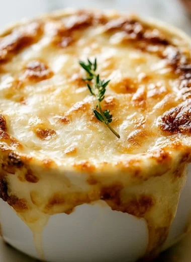 Bowls of golden French onion soup topped with melted cheese and croutons