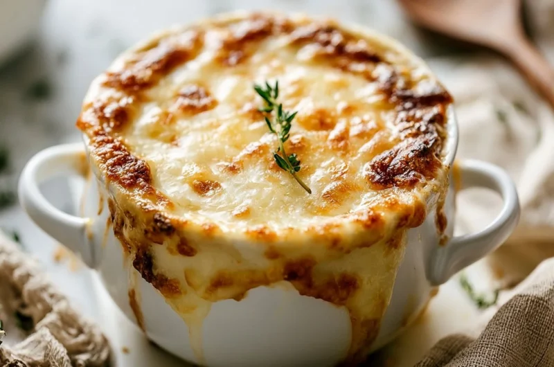Bowls of golden French onion soup topped with melted cheese and croutons