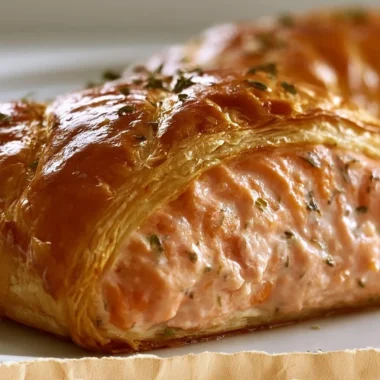 Golden Salmon wrapped in puff pastry, beautifully plated with herbs.