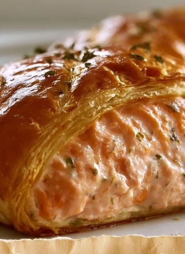 Golden Salmon wrapped in puff pastry, beautifully plated with herbs.
