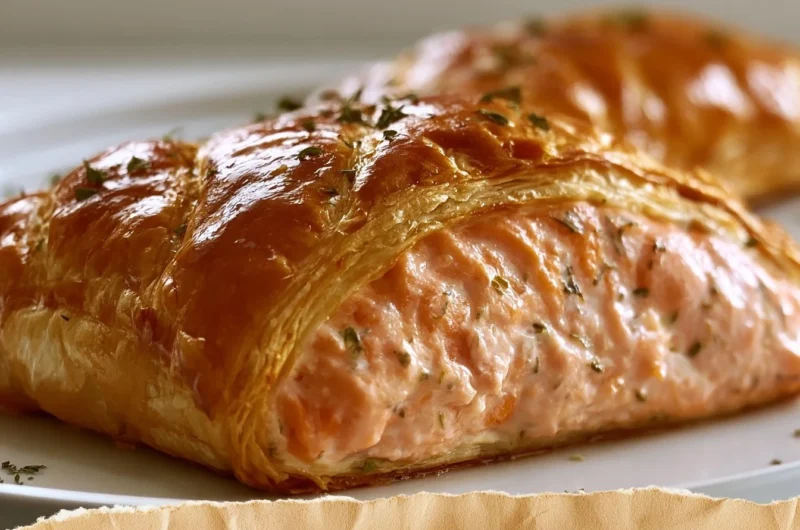 Golden Salmon wrapped in puff pastry, beautifully plated with herbs.