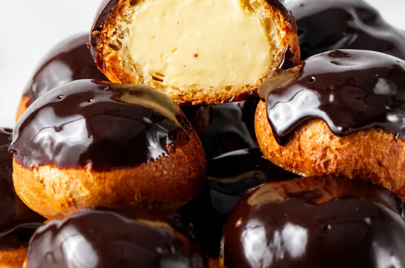 Deliciously Rich French Profiteroles filled with creamy custard and topped with chocolate sauce.