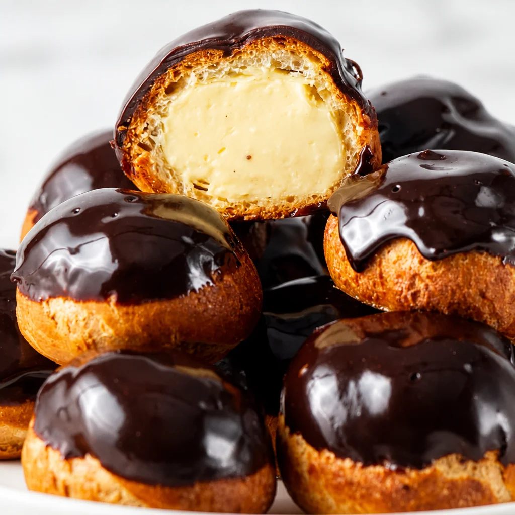 Deliciously Rich French Profiteroles filled with creamy custard and topped with chocolate sauce.