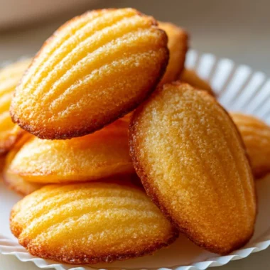Freshly baked classic French madeleines served on a plate.