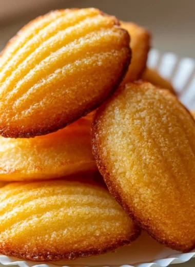 Freshly baked classic French madeleines served on a plate.