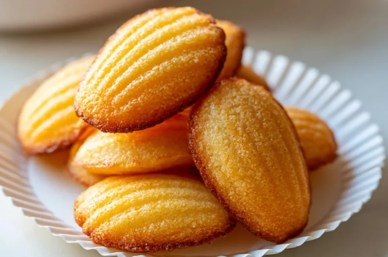 Freshly baked classic French madeleines served on a plate.