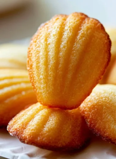 Freshly baked Madeleines, classic French sponge cakes, on a plate.