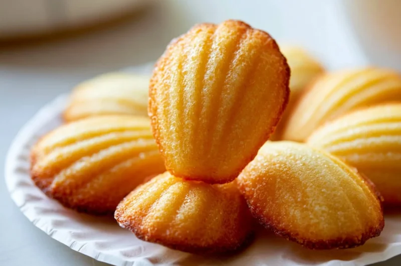 Freshly baked Madeleines, classic French sponge cakes, on a plate.