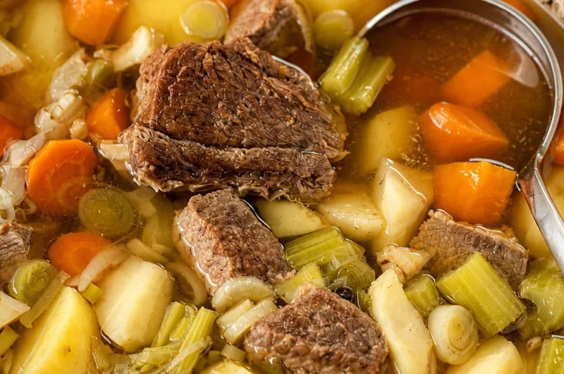 Classic French Pot-au-Feu: a traditional beef and vegetable stew simmering in a large pot.