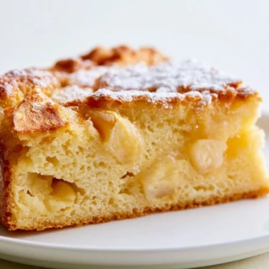 Moist French Apple Cake topped with fresh apples and a dusting of powdered sugar.