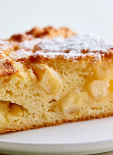Moist French Apple Cake topped with fresh apples and a dusting of powdered sugar.