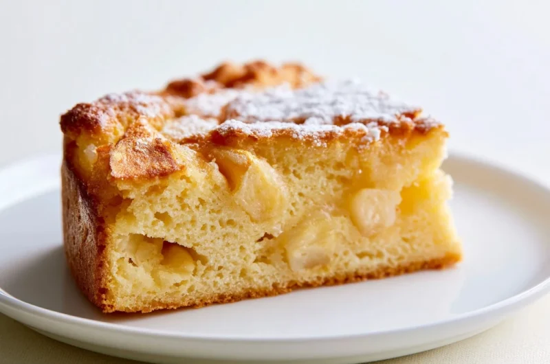Moist French Apple Cake topped with fresh apples and a dusting of powdered sugar.