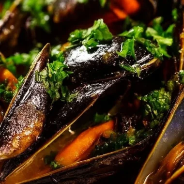 Plate of mussels in garlic white wine sauce garnished with parsley
