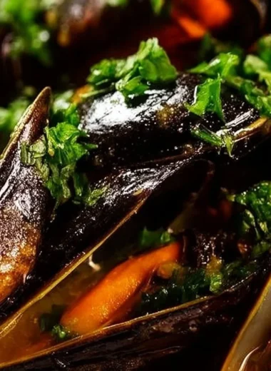 Plate of mussels in garlic white wine sauce garnished with parsley