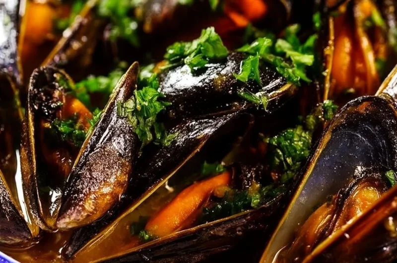 Plate of mussels in garlic white wine sauce garnished with parsley