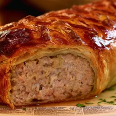 Delicious pâté en croûte served on a rustic wooden table with herbs
