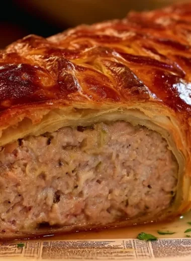 Delicious pâté en croûte served on a rustic wooden table with herbs