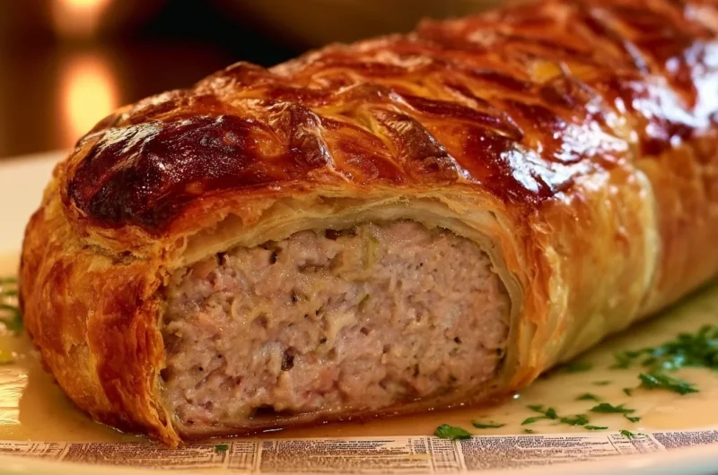 Delicious pâté en croûte served on a rustic wooden table with herbs