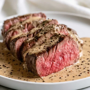 Delicious pepper-crusted steak au poivre plated elegantly with sauce