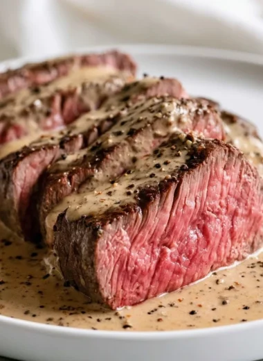 Delicious pepper-crusted steak au poivre plated elegantly with sauce