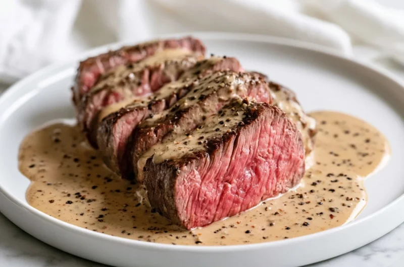 Delicious pepper-crusted steak au poivre plated elegantly with sauce