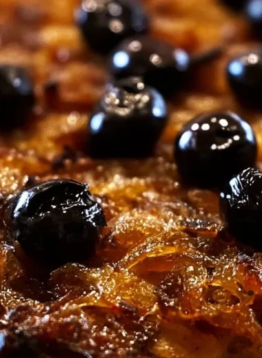 A slice of traditional Pissaladière topped with caramelized onions and olives.