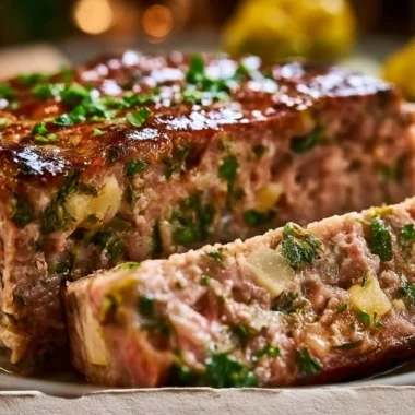 Rustic country terrine slices arranged on a wooden board with herbs
