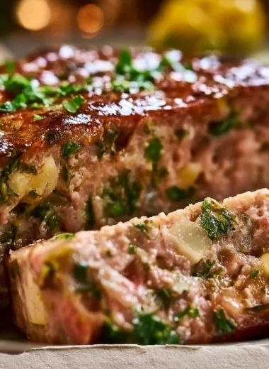 Rustic country terrine slices arranged on a wooden board with herbs