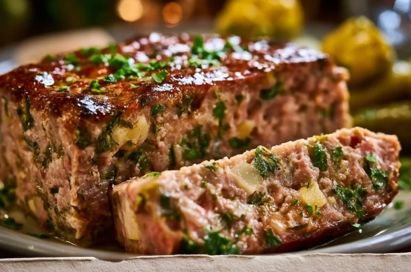 Rustic country terrine slices arranged on a wooden board with herbs