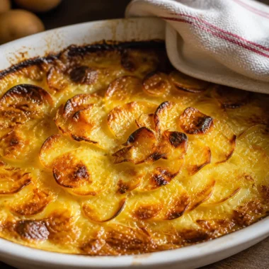 Classic French Gratin Dauphinois with creamy potatoes baked to perfection