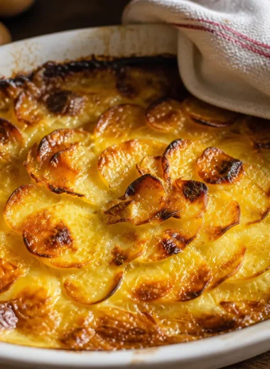 Classic French Gratin Dauphinois with creamy potatoes baked to perfection