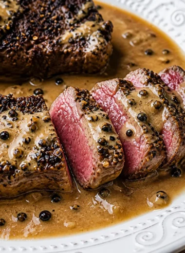 Easy French Steak au Poivre Recipe with Cream Sauce featuring peppercorn-crusted steak.