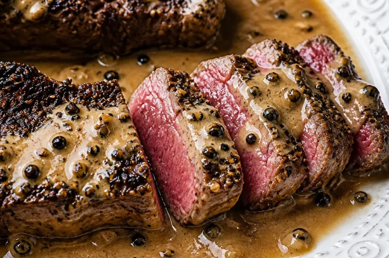 Easy French Steak au Poivre Recipe with Cream Sauce featuring peppercorn-crusted steak.