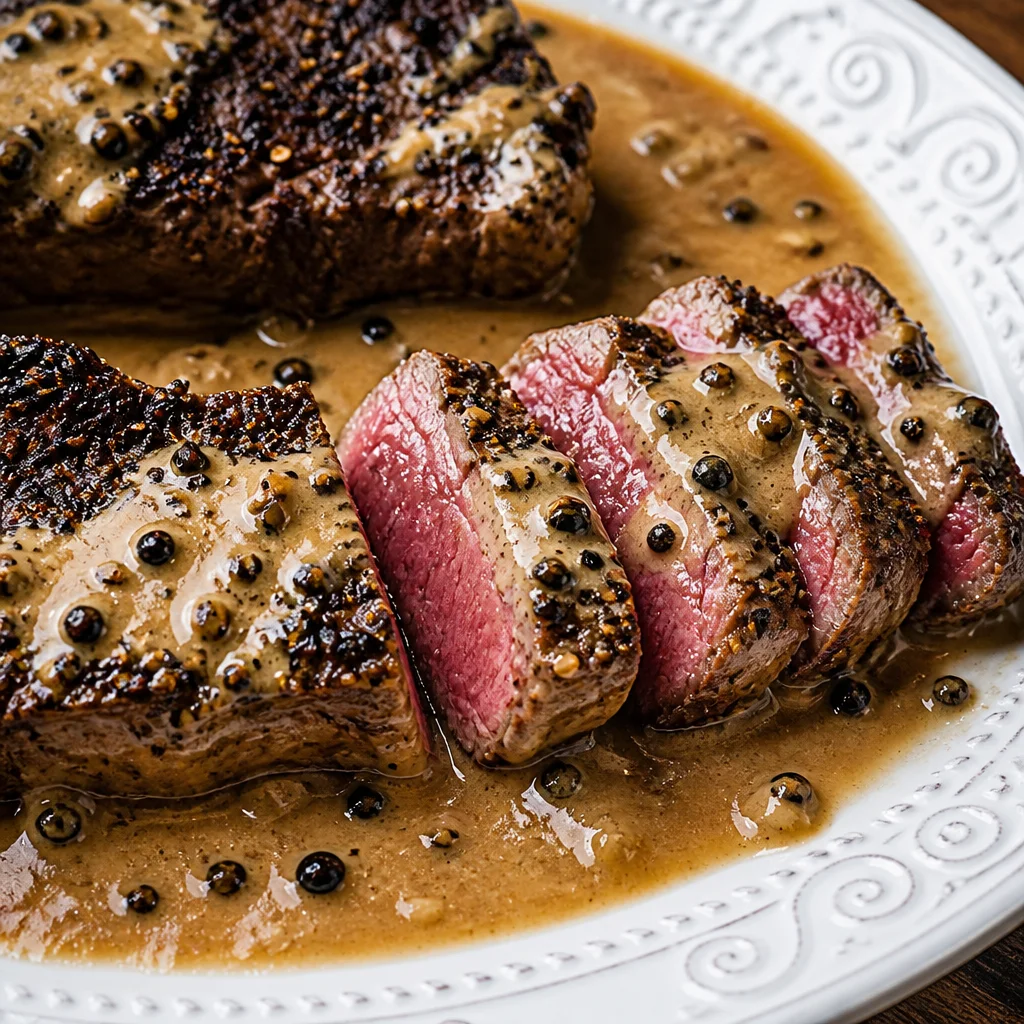 Easy French Steak au Poivre Recipe with Cream Sauce featuring peppercorn-crusted steak.