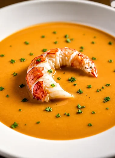Creamy Classic French Lobster Bisque served in a white bowl with lobster tail garnish.