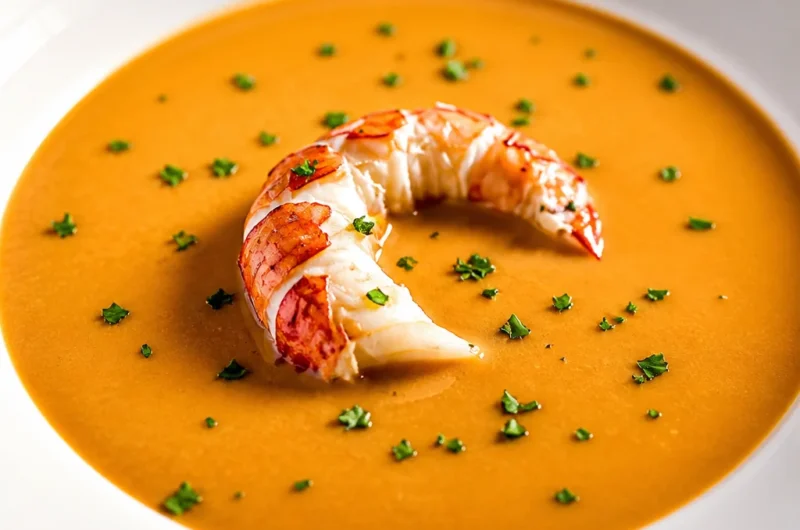 Creamy Classic French Lobster Bisque served in a white bowl with lobster tail garnish.