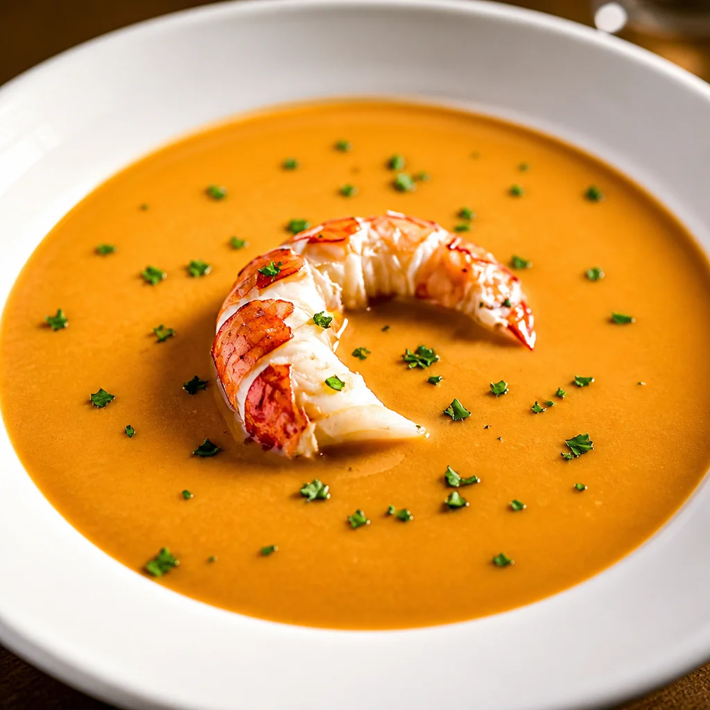 Creamy Classic French Lobster Bisque served in a white bowl with lobster tail garnish.