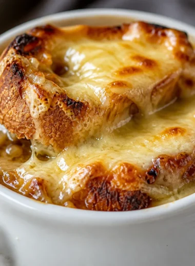 A delicious bowl of Simple French Soupe à l'Oignon Gratinée topped with cheese and croutons.