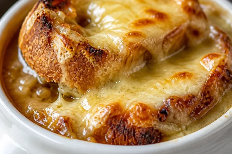A delicious bowl of Simple French Soupe à l'Oignon Gratinée topped with cheese and croutons.