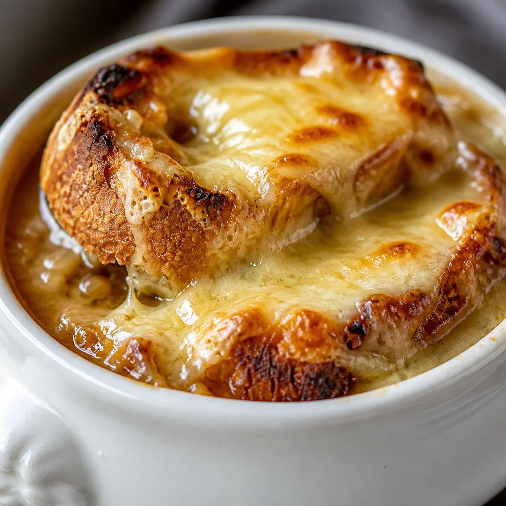 A delicious bowl of Simple French Soupe à l'Oignon Gratinée topped with cheese and croutons.