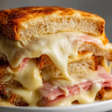 Savory French Croque Monsieur sandwich with ham, cheese, and béchamel sauce.