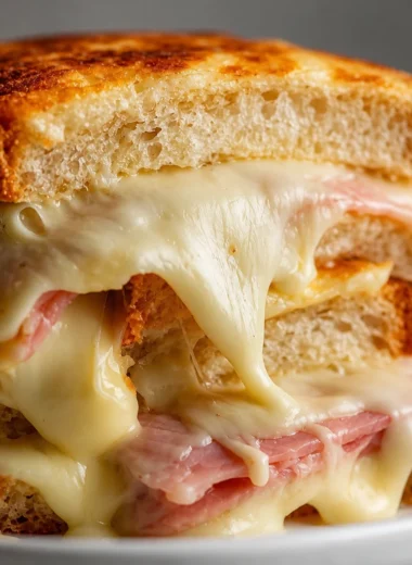 Savory French Croque Monsieur sandwich with ham, cheese, and béchamel sauce.