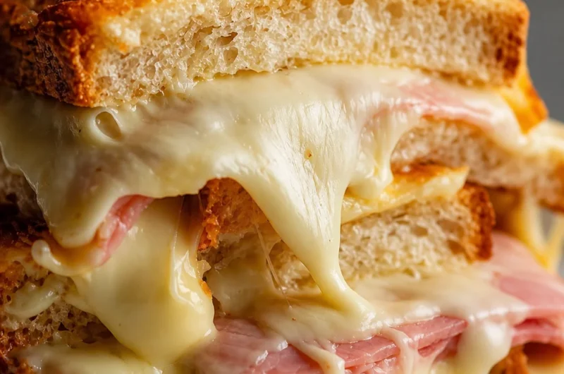 Savory French Croque Monsieur sandwich with ham, cheese, and béchamel sauce.