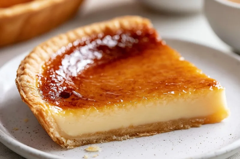 Silky flan pâtissier custard tart on a white plate