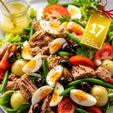 Delicious Salade Niçoise featuring tuna, fresh vegetables, and homemade vinaigrette.